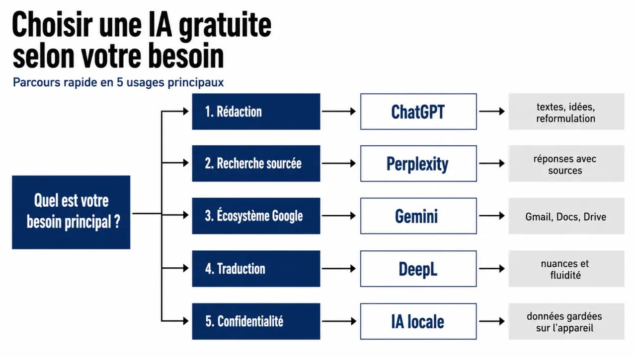 Parcours pour choisir le meilleur intelligence artificielle gratuite selon le besoin, de la rédaction à la recherche sourcée