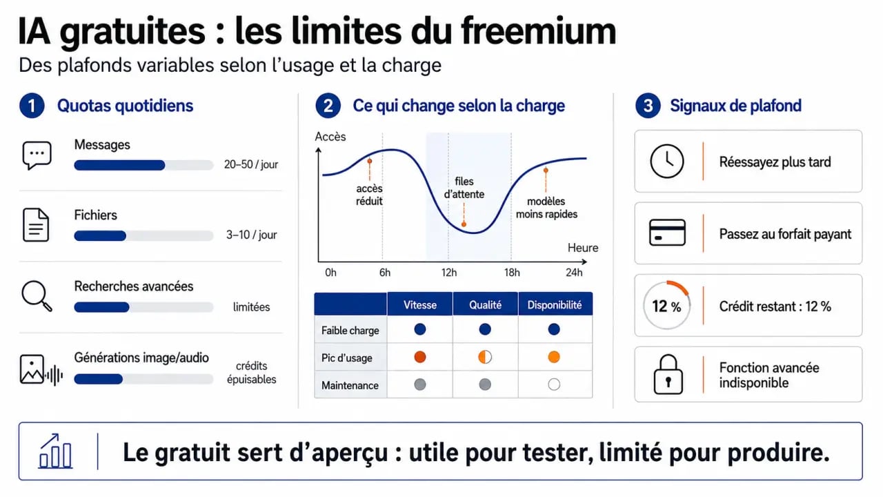 Vue d’ensemble des limites du meilleur intelligence artificielle gratuite, avec quotas, crédits et restrictions de gratuité