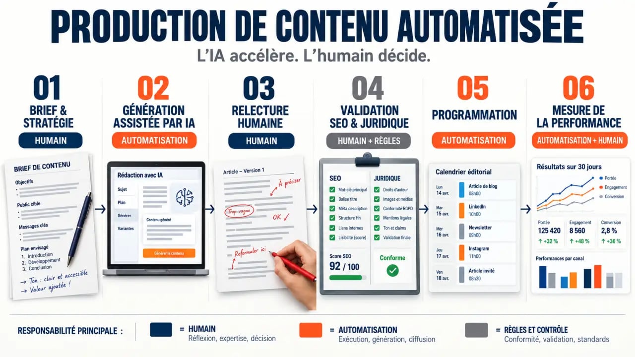 Workflow d'automatisation production contenu avec étapes de brief, génération, validation et mesure