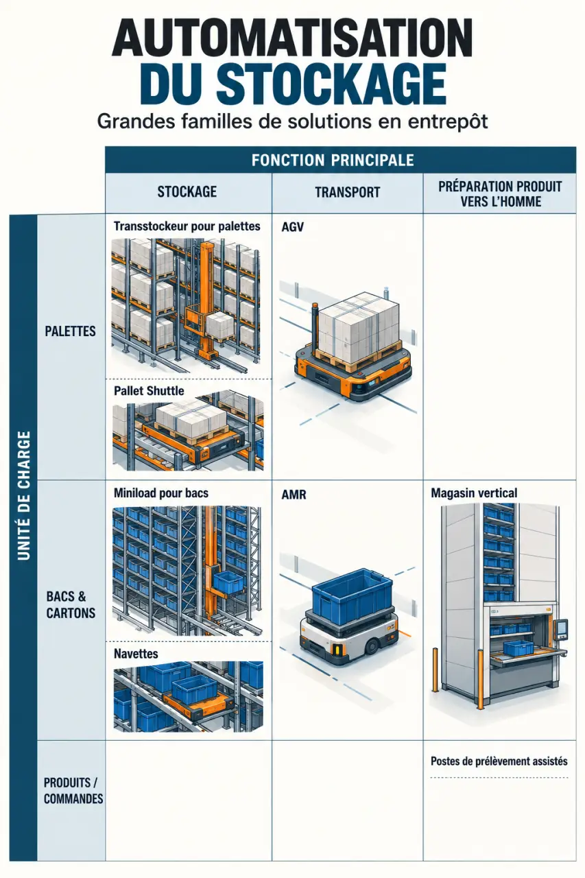 Schéma des technologies d’automatisation du stockage pour palettes, bacs, navettes, AGV et AMR