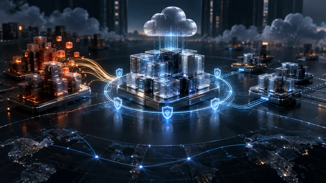 Flux de données lumineux reliant des blocs de serveurs cloud dans un environnement sombre