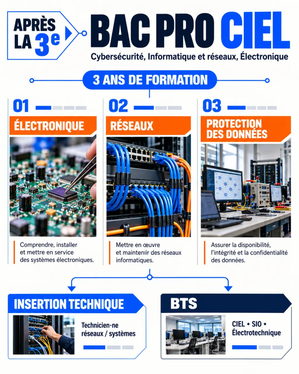 Parcours du bac pro cybersécurité CIEL après la 3e, des compétences techniques au BTS ou à l'emploi