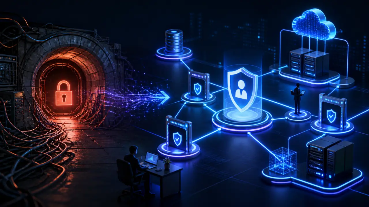 Illustration 3D d'une migration sécurisée de VPN vers ZTNA en PME