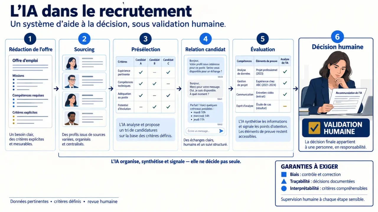 Infographie sur l’intelligence artificielle en recrutement et les étapes du processus de recrutement augmenté