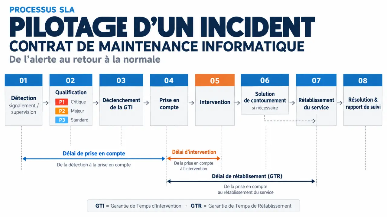 Contrat de maintenance informatique professionnel : cycle de traitement d’un incident avec GTI, GTR et niveaux P1 P2 P3