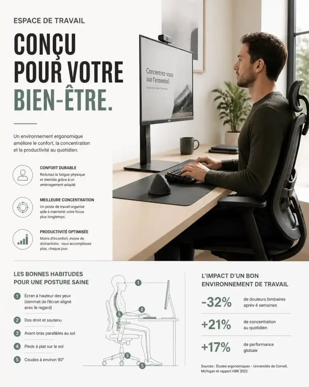 Poste de travail ergonomique avec accessoires informatique pour une meilleure posture