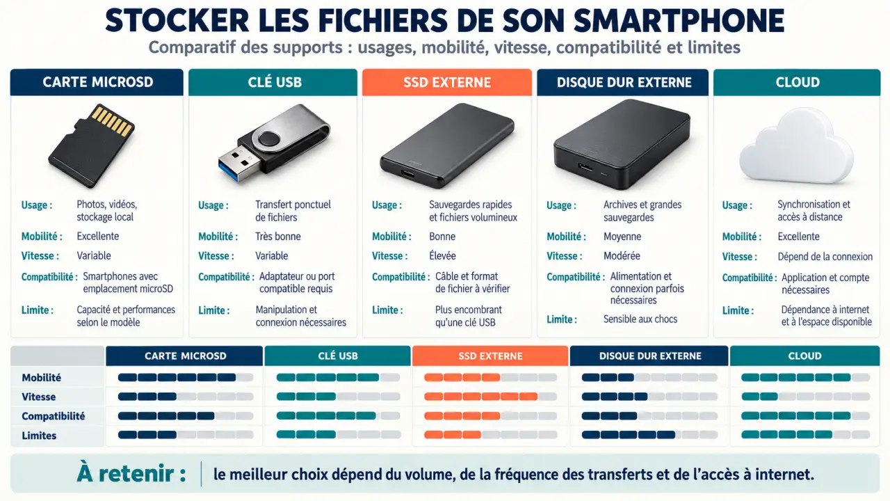 Infographie comparative des supports de stockage smartphone : microSD, clé USB, SSD, disque dur et cloud