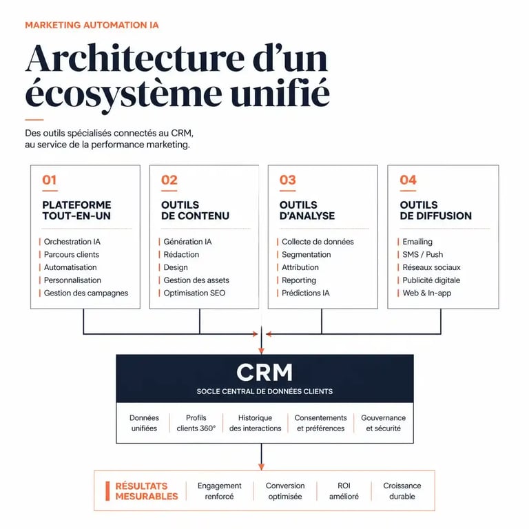 Schéma des quatre familles d'outils marketing automation IA personnalisée