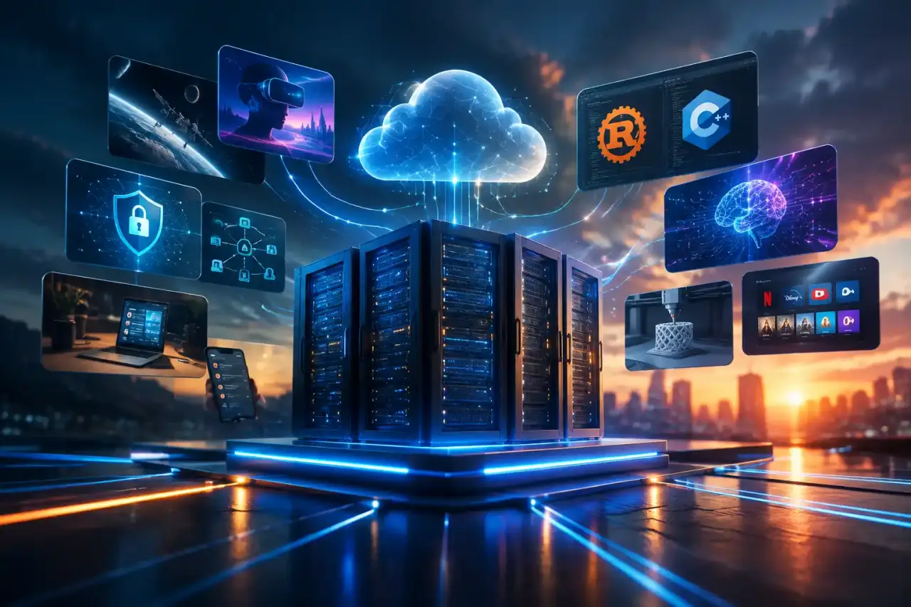 Flux de données lumineux reliant des blocs de serveurs dans une infrastructure numérique