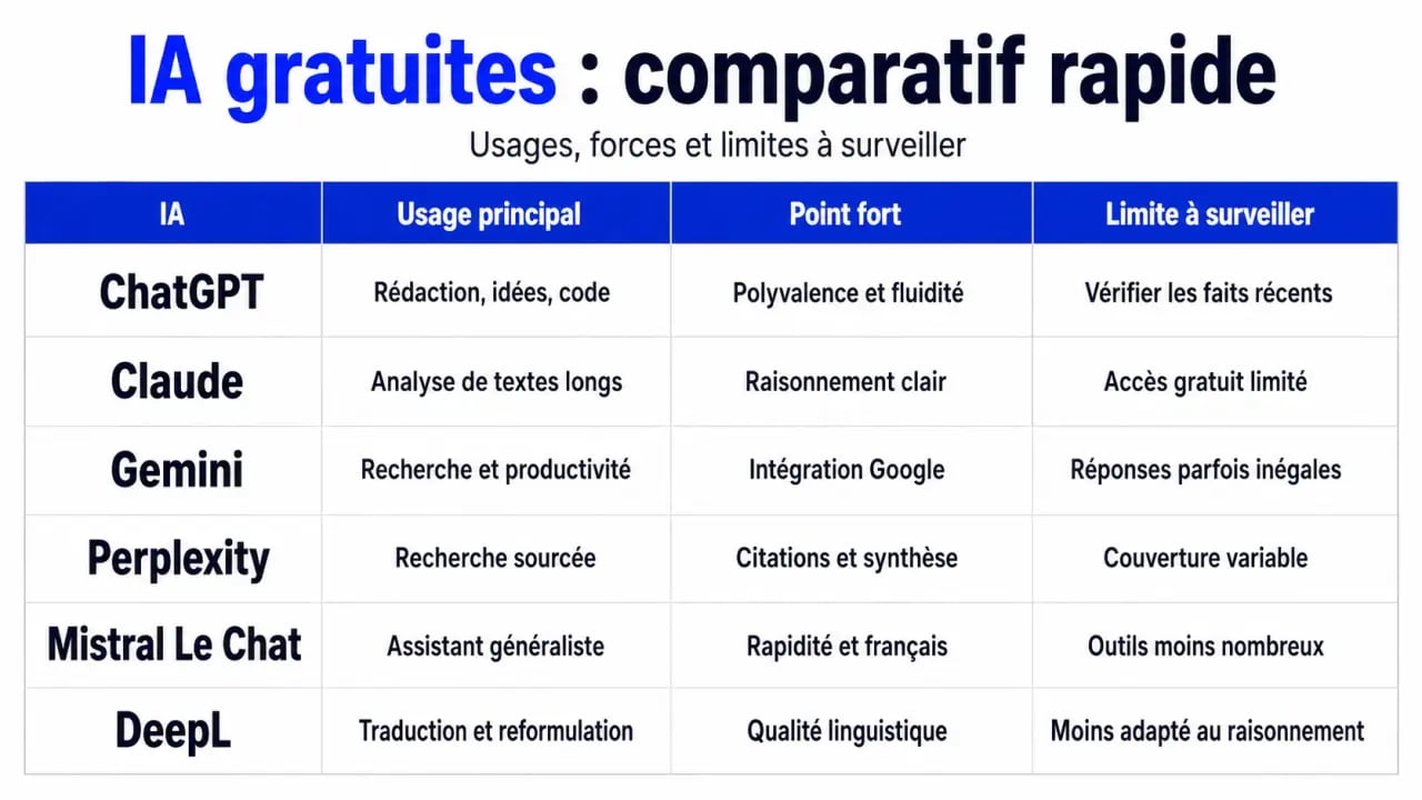 Comparatif du meilleur intelligence artificielle gratuite selon l’usage, avec ChatGPT, Claude, Gemini, Perplexity, Mistral Le Chat et DeepL