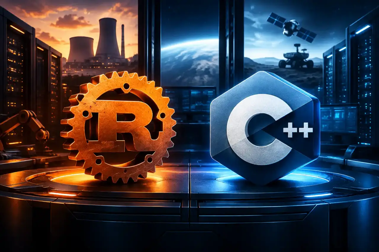 Visualisation futuriste comparant Rust et C++ pour le développement de systèmes critiques