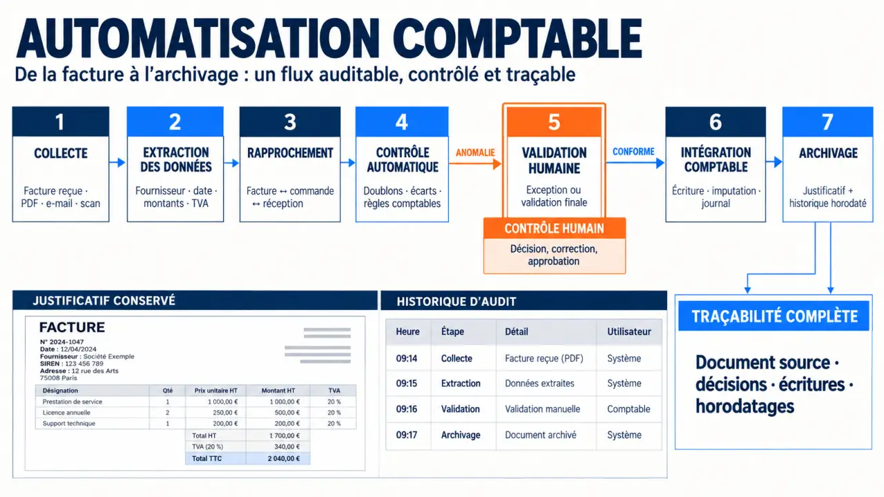 Schéma du flux d’automatisation comptable, de la collecte de facture à l’archivage