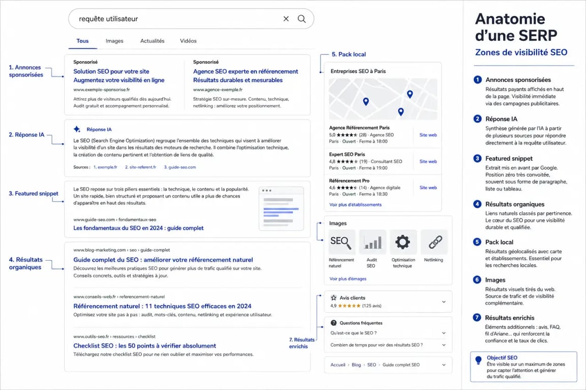 Infographie serp seo : composition d’une page de résultats Google avec annonces, résultats organiques, featured snippet, pack local et réponses IA
