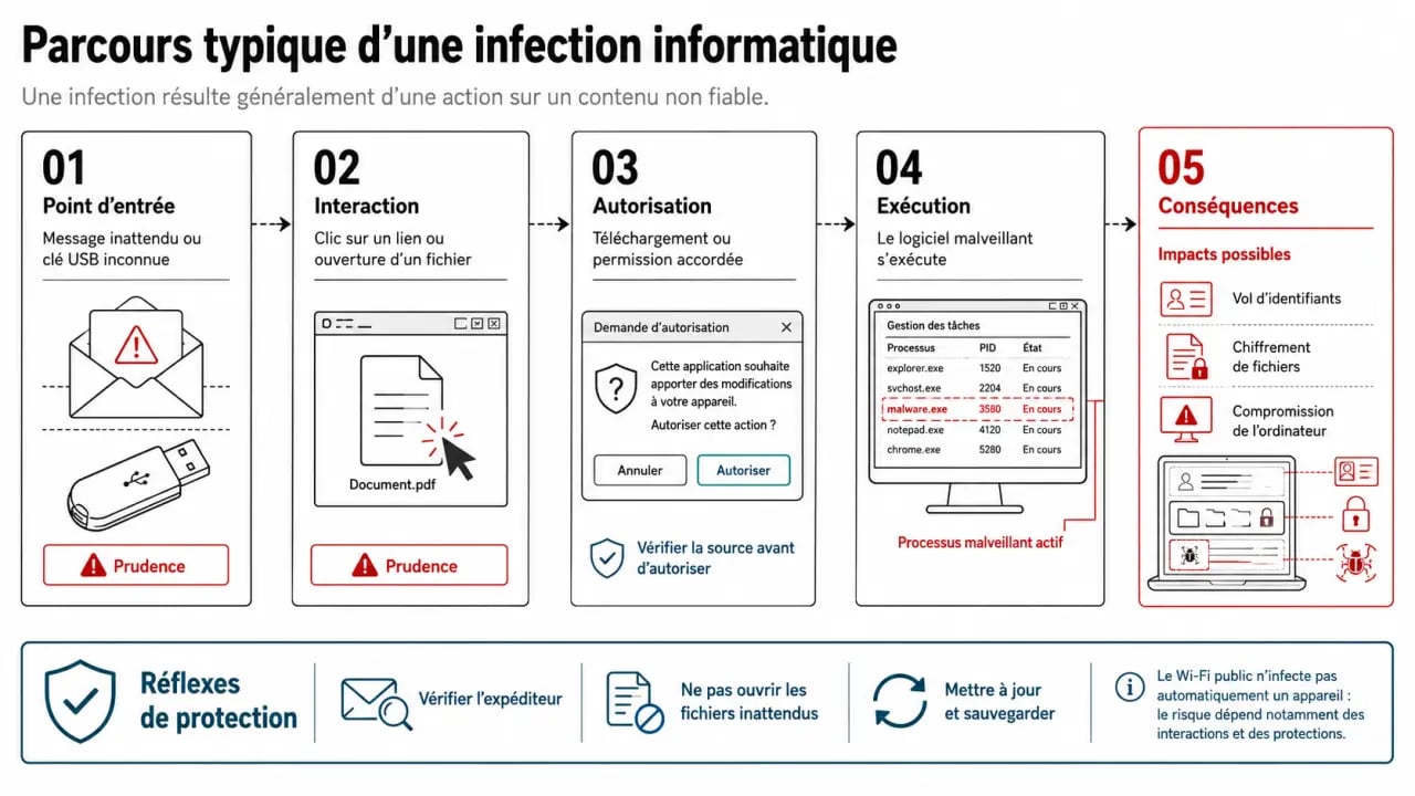 Quelles actions sont susceptibles d’infecter un ordinateur : schéma du parcours d’une infection par lien, fichier ou téléchargement malveillant