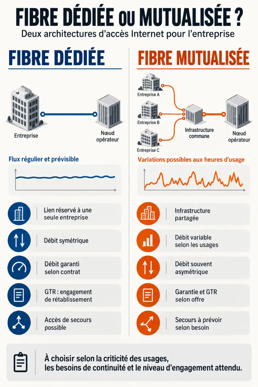 Infographie comparant la fibre dédiée et la fibre mutualisée pour une entreprise