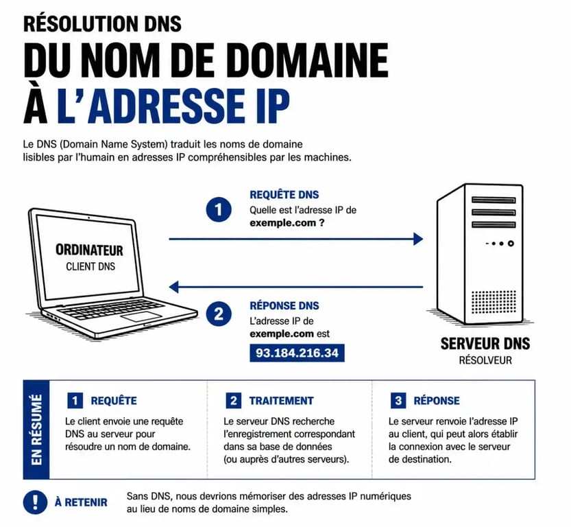 Schéma explicatif du fonctionnement DNS pour résoudre l'erreur impossible de trouver l'adresse IP du serveur