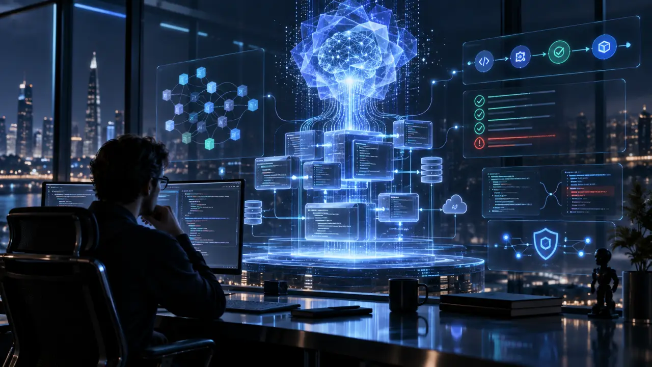 Flux de code généré par une intelligence artificielle dans un environnement informatique futuriste