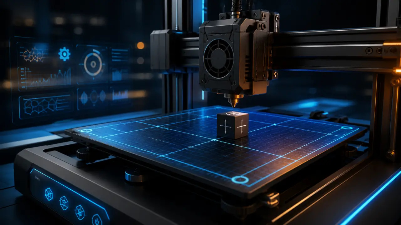 Illustration 3D d'une imprimante 3D en phase de calibration sur fond technologique sombre