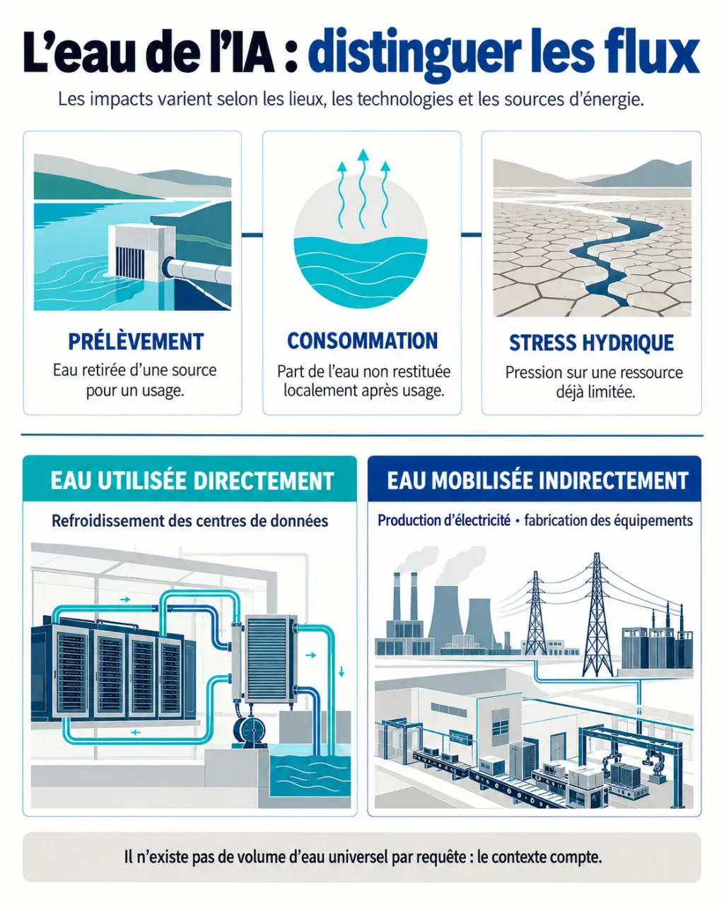 Visuel explicatif sur la consommation d’eau de l’IA, distinguant prélèvement, consommation et stress hydrique