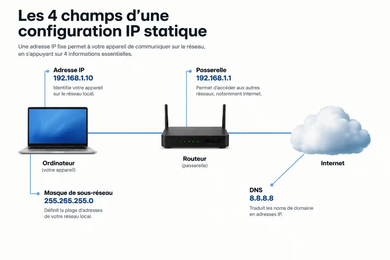 Schéma expliquant comment configurer une adresse IP statique sur son ordinateur : adresse IP, masque, passerelle et DNS