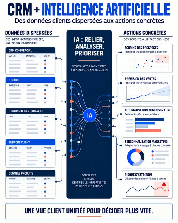 Infographie sur les avantages d’un CRM avec intelligence artificielle et ses principaux cas d’usage