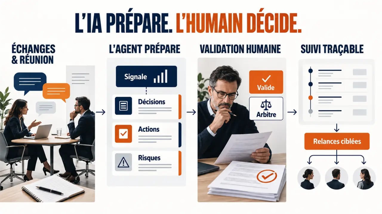 Schéma du rôle d’un agent IA de gestion de projet avec validation humaine